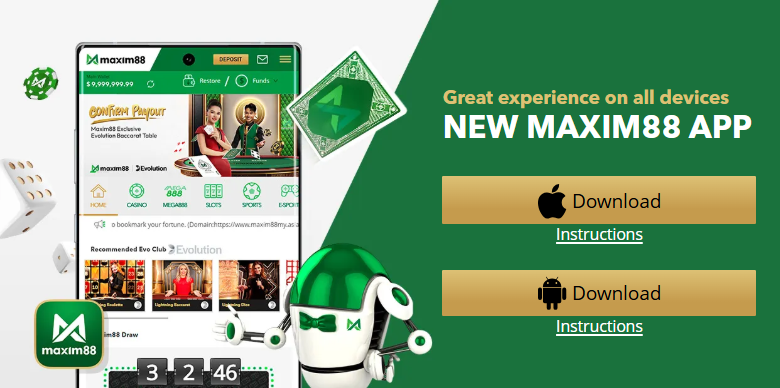 Maxim88 App download banner for mobile casino and betting access