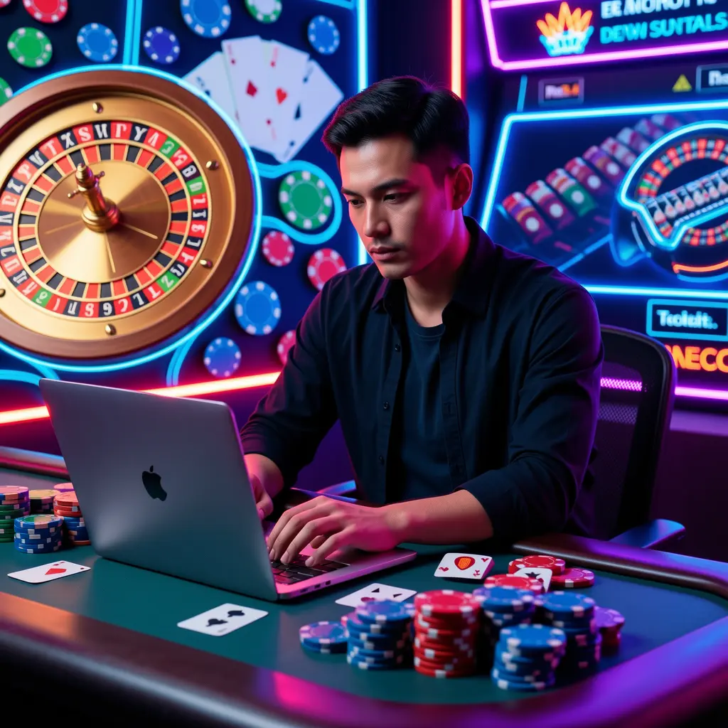 Malaysian player focused on Maxim88 online games with casino chips, slots and laptop gaming interface