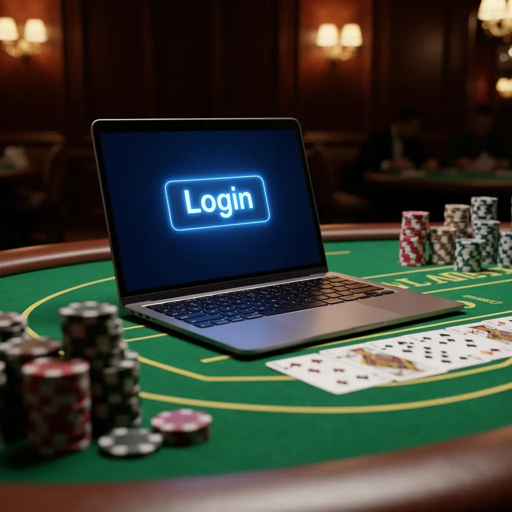 Modern laptop on a casino table with poker chips and cards showing the PADU88 login screen for secure access in Malaysia
